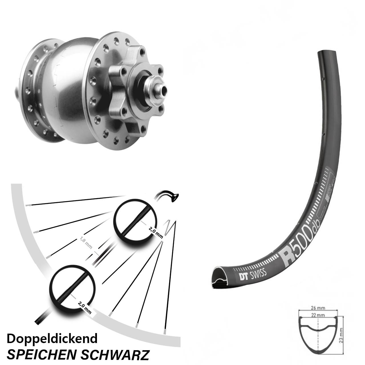 Disc Vorderrad mit Nabendynamo 28-29 Zoll DT Swiss R 500 SON 28 für Schnellspanner