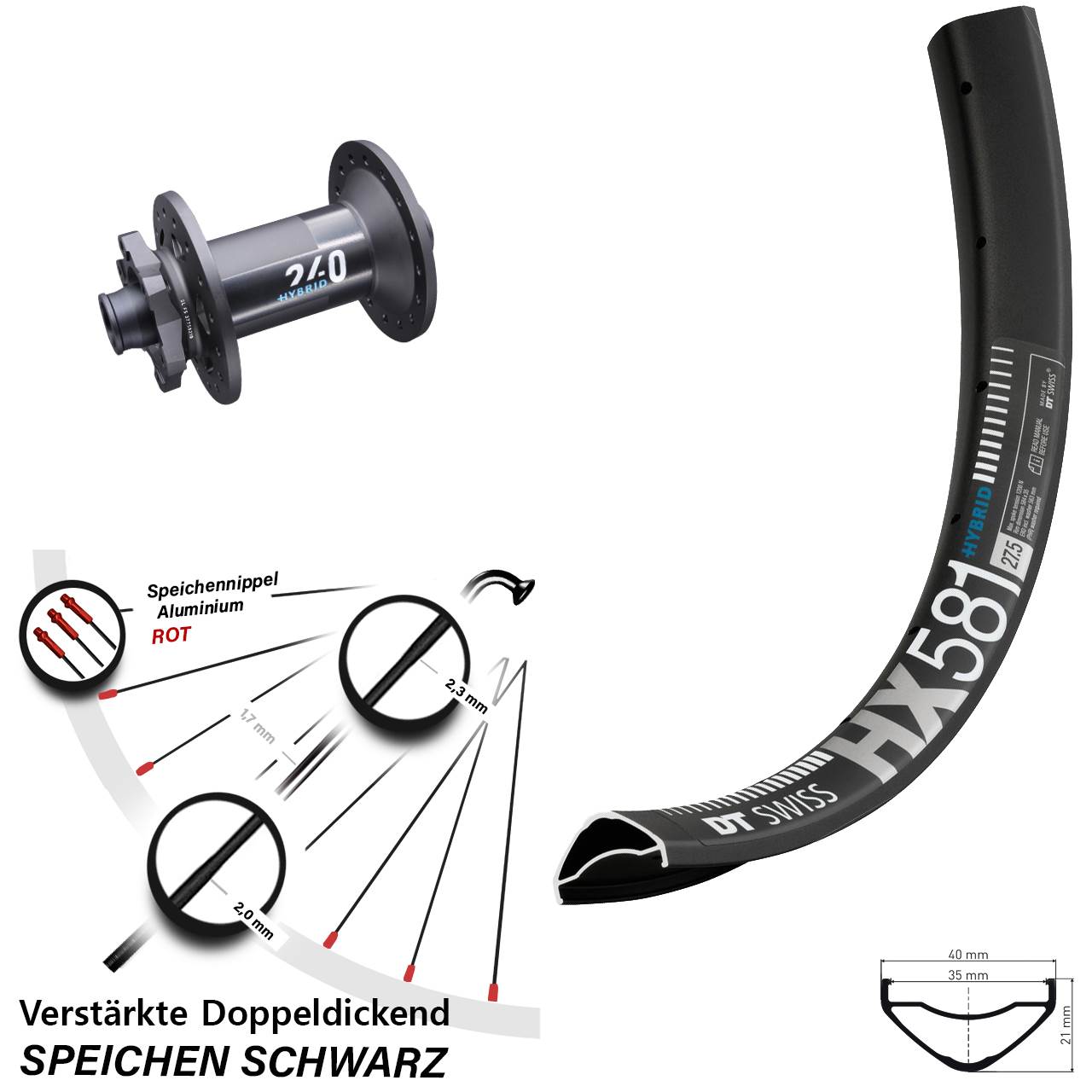 E-Bike Vorderrad 27,5 Zoll HX 581 DT Swiss 240 Hybrid Boost 15x110 mm 6-loch verstärkt