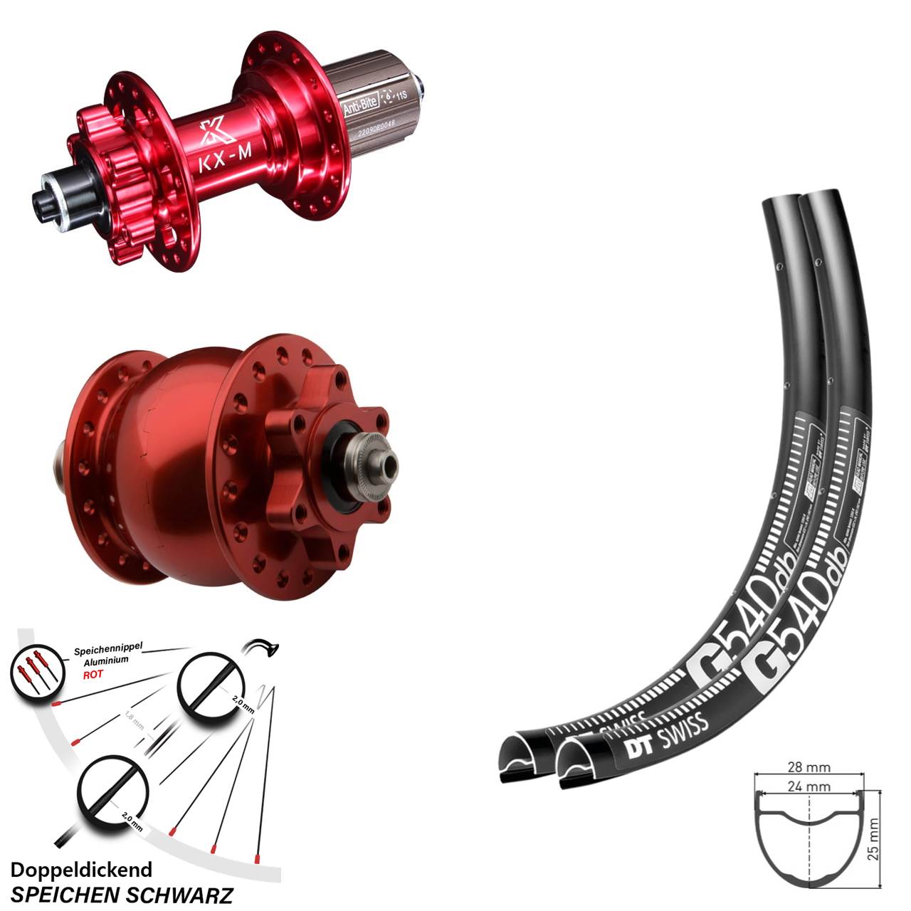 Laufradsatz DT Swiss G 540 Gravel KX-M 6-loch rot 11-fach Schnellspanner Dynamo SON 28