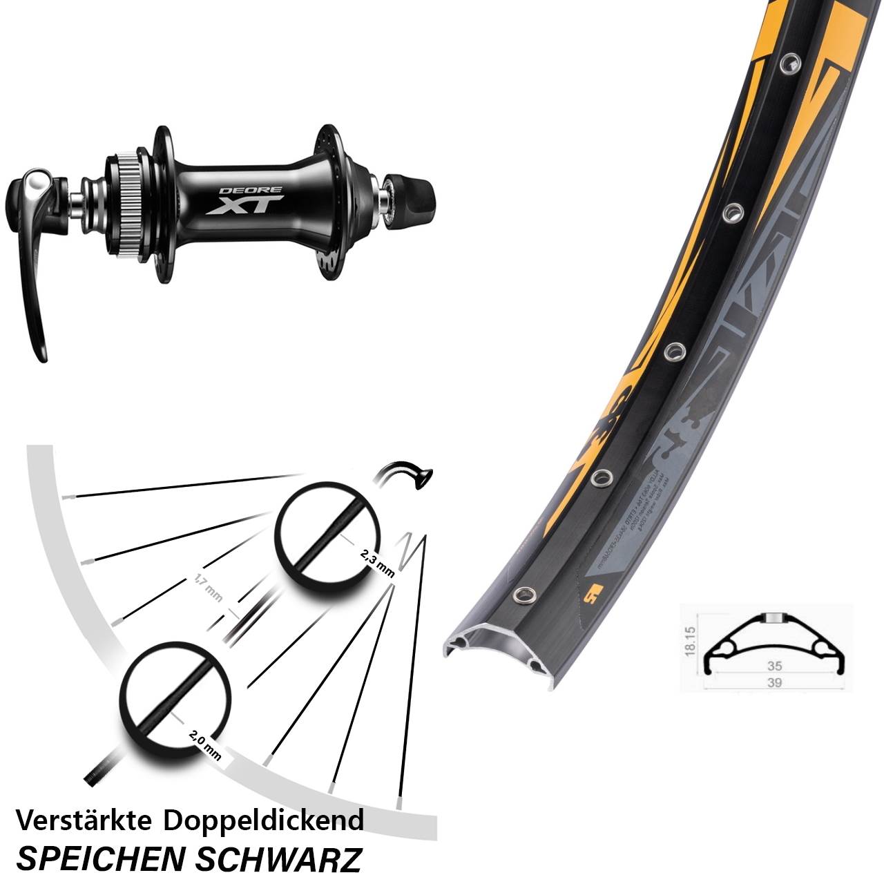 Disc Laufrad für Schnellspanner 27,5 Zoll Rodi TRYP 35 schwarz Shimano Deore XT HB-M8000