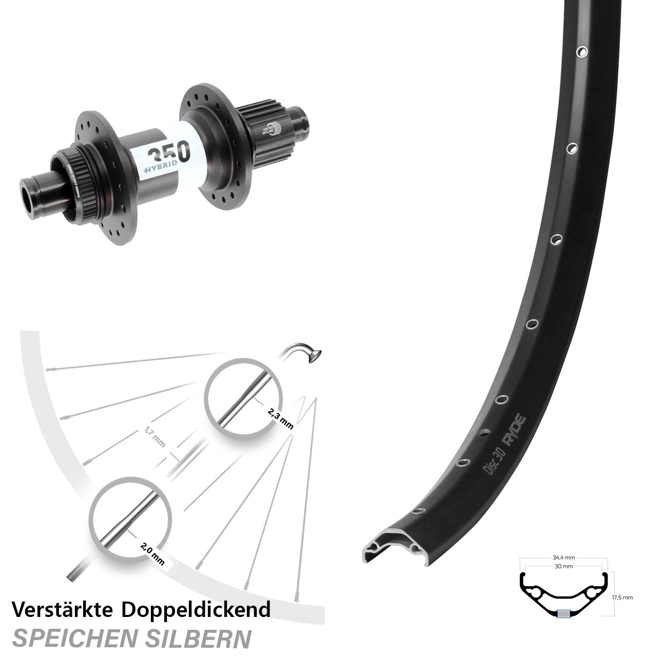 Hinterrad Centerlock 29 Zoll Ryde Disc 30 DT Swiss Hybrid 350 Shimano Micro Spline 12x148