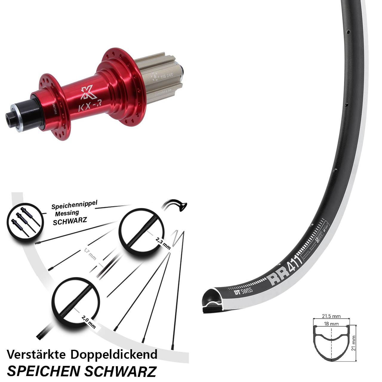 DT Swiss RR 411 KX-R rot 28 Zoll Laufrad hinten QR 8-12 fach Campa