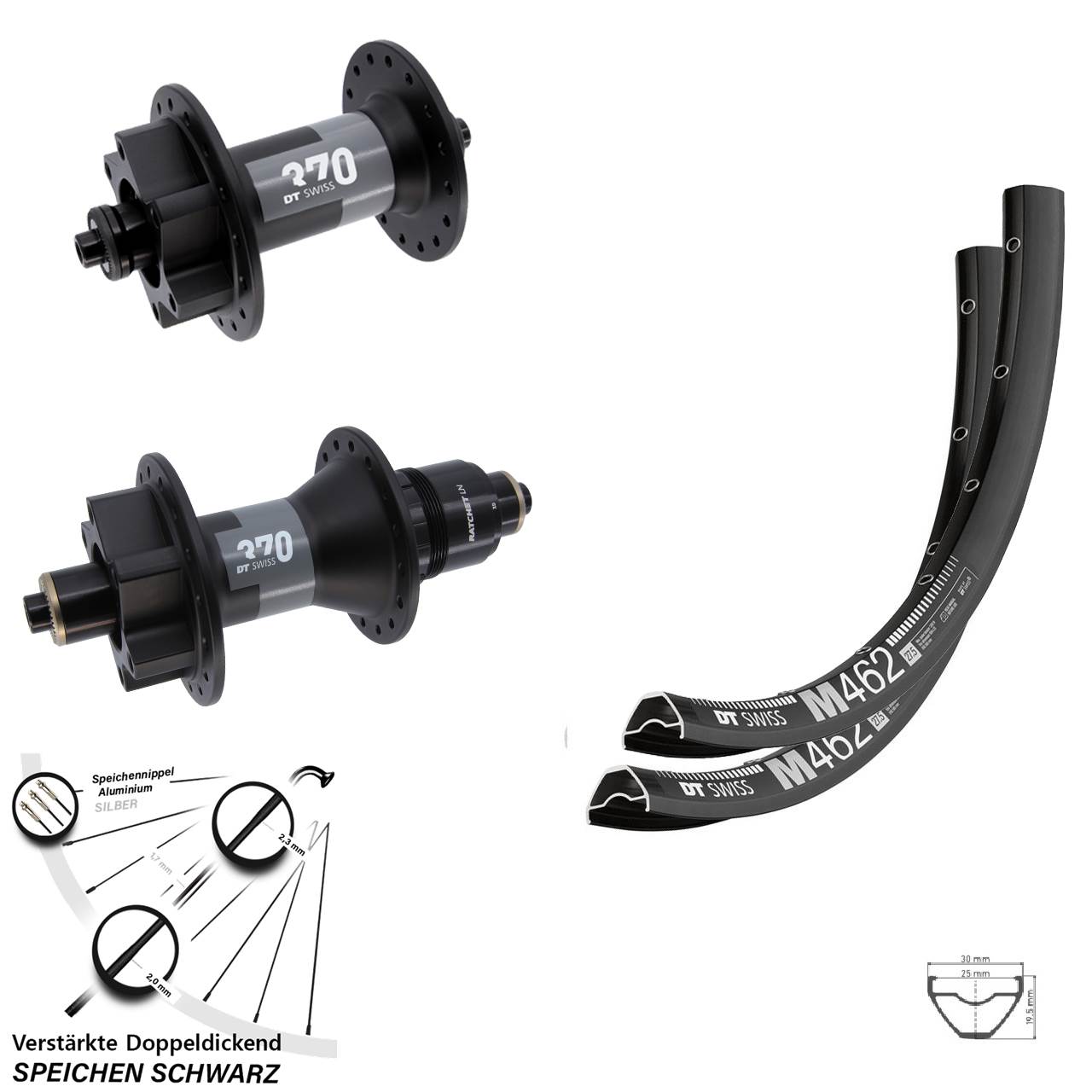 DT Swiss M 462-370 Laufradsatz 27,5 Zoll 6-Loch für Schnellspanner XD