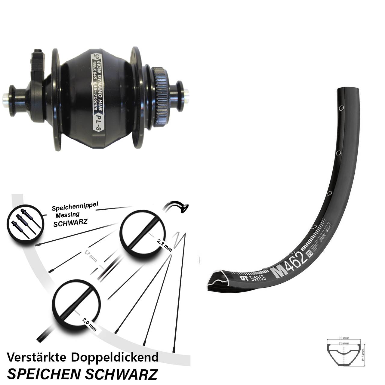 Disc Nabendynamo-Laufrad 27,5 Zoll DT Swiss M 462 Shutter PL-8 für Schnellspanner