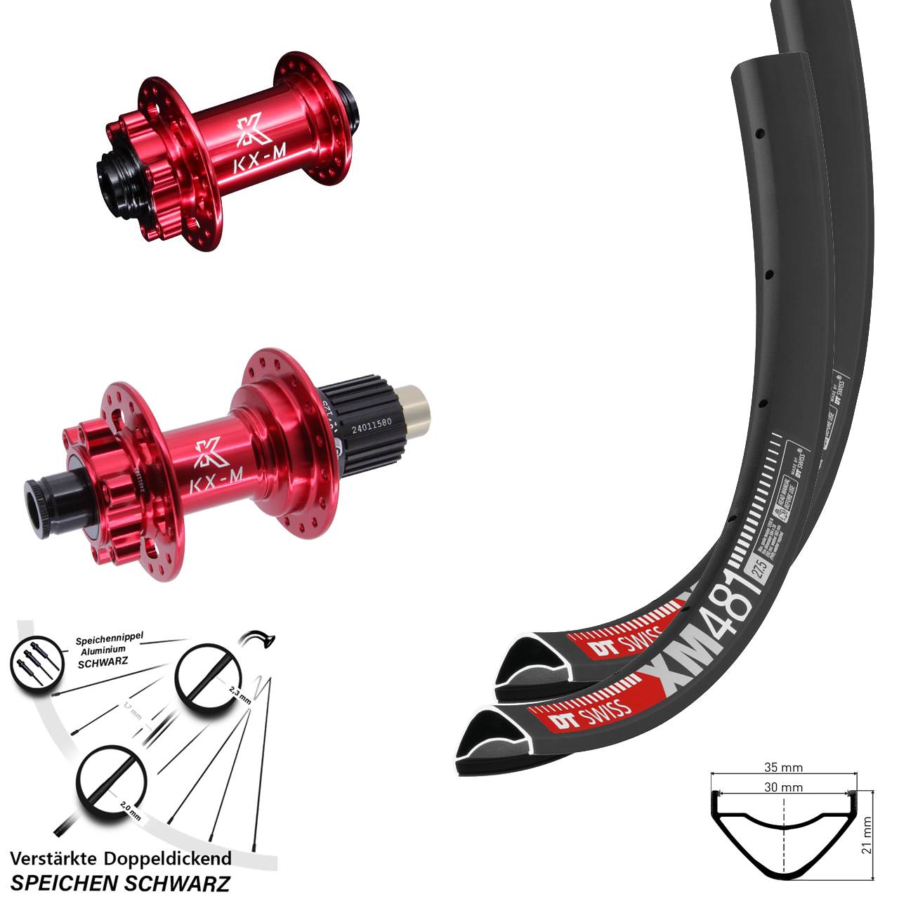 DT Swiss XM481 KX-M rot 27,5 Zoll 6-Loch Laufradsatz 12x100/142 Shimano Micro Spline