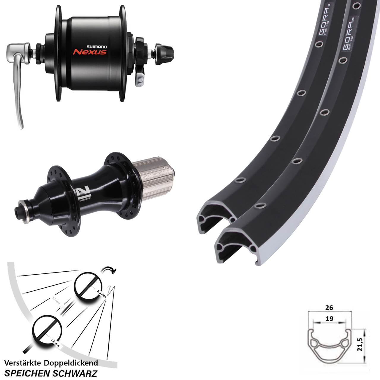 Laufradsatz QR 28 Zoll Gora 19 Novatec F162 Heavy Duty Shimano Nexus DH-C3000 QR 8-12 fach