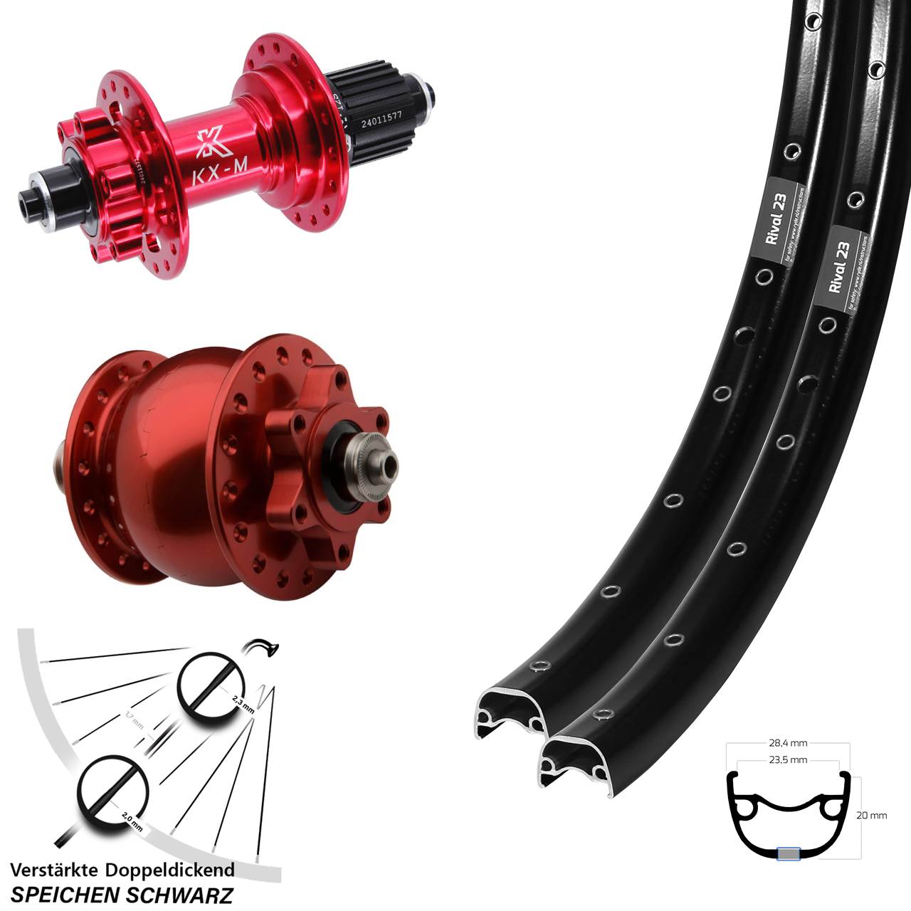 27,5 Zoll Ryde Rival 23 KX-M rot SON 28 Disc Laufradsatz für Schnellspanner Micro Spline