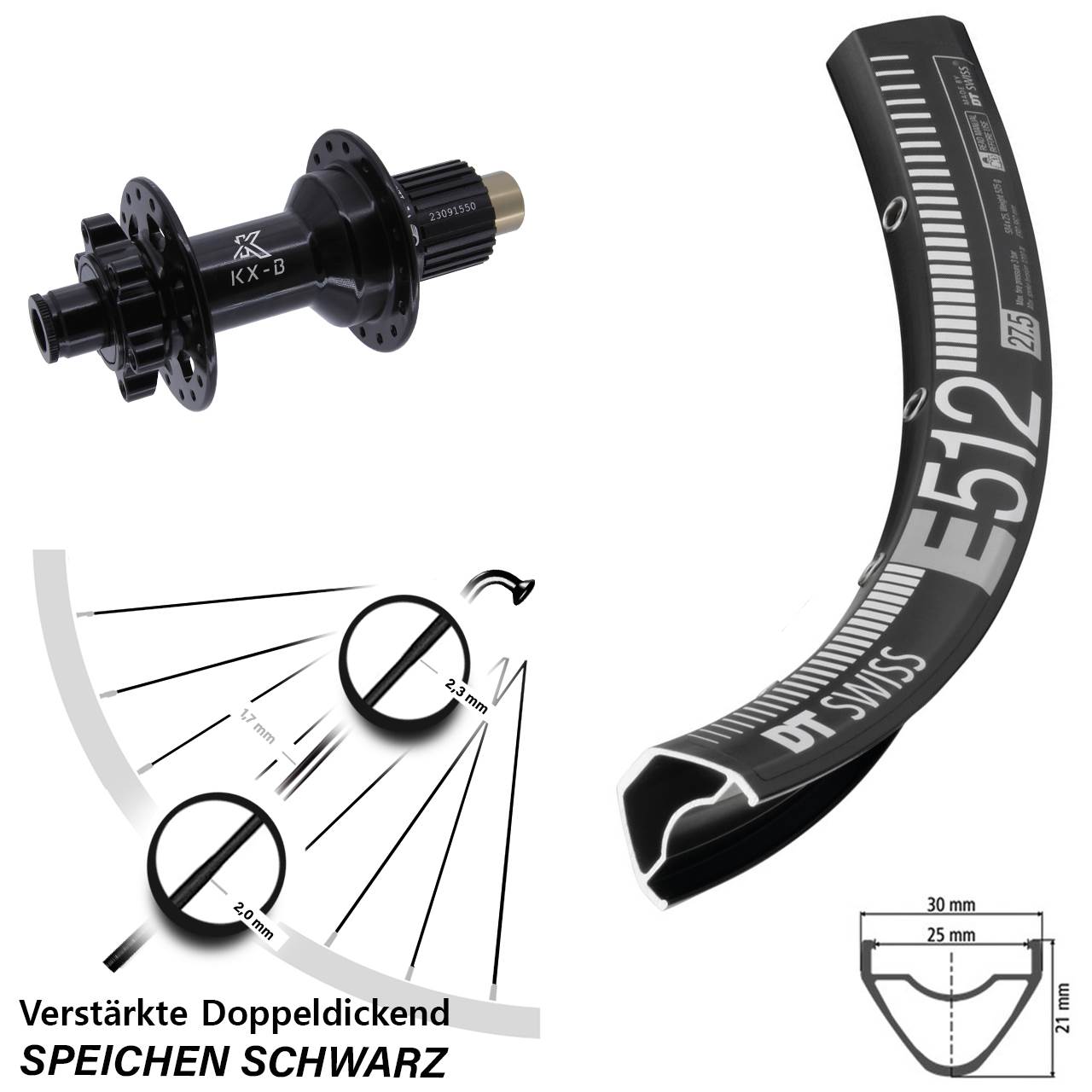 27,5 Zoll DT Swiss E 512 KX-B Laufrad 12x148 Boost 6-Loch Shimano Micro Spline