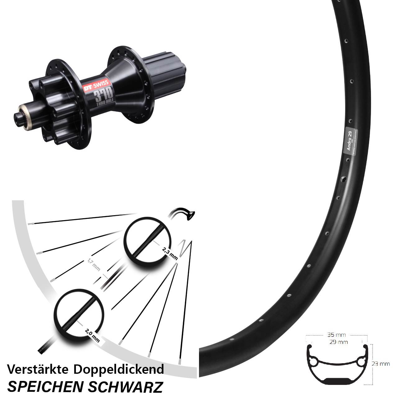 Ryde Andra 29 DT Swiss 370 20 Zoll Disc Hinterrad für Schnellspanner 8-11 fach HG