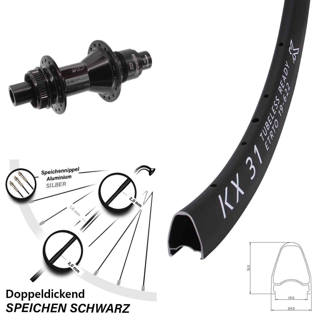 28 Zoll KX 31 DT Swiss 370 Centerlock Hinterrad 12x142 XD