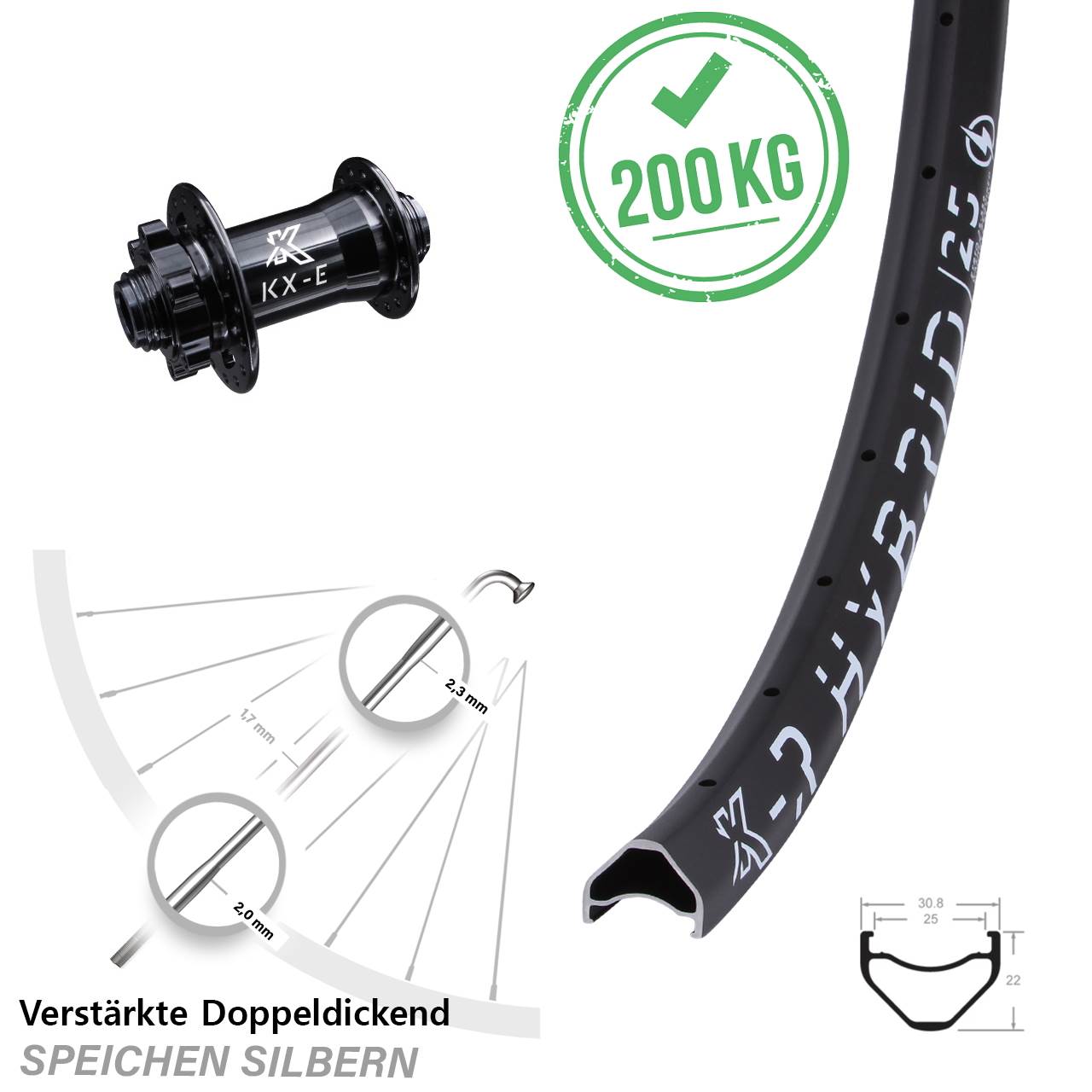 KX-ER Hybrid 25 Vorderrad 29 Zoll E-Bike verstärkt Steckachse 15x100 mm 6-Loch schwarz