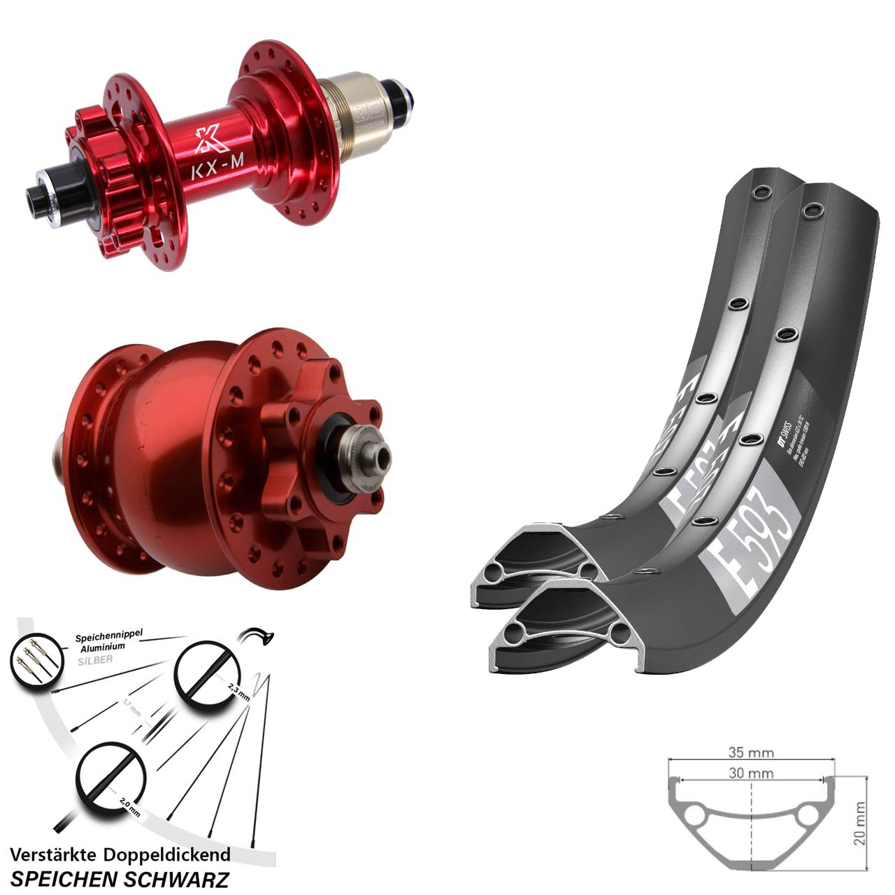 29 Zoll DT Swiss E593 KX-M rot SON 28 Laufradsatz 6-Loch für Schnellspanner SRAM XD