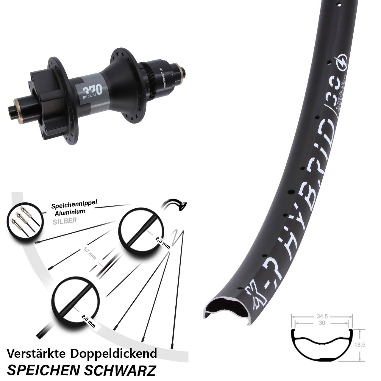 29 Zoll KX-R Hybrid 30 DT Swiss 370 Hinterrad für Schnellsp. Boost XD 11-12 fach