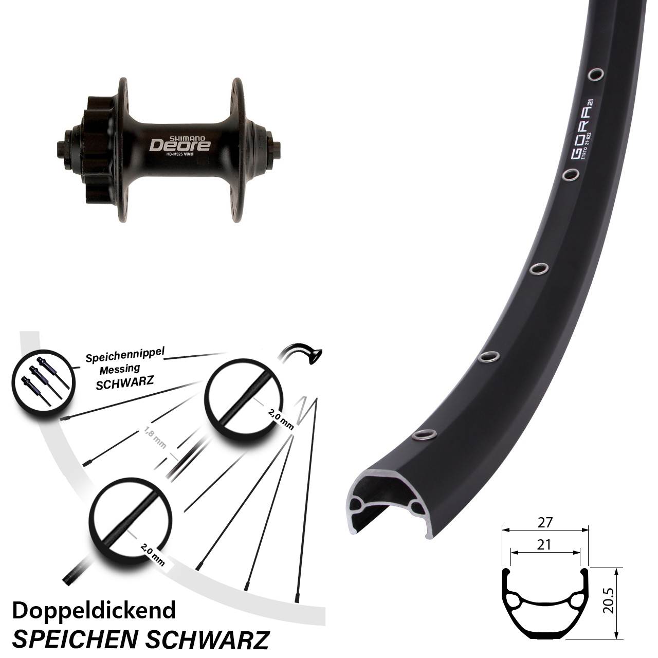 Gora 21 Shimano Deore HB-M525 28-29 Zoll Vorderrad 6-Loch QR