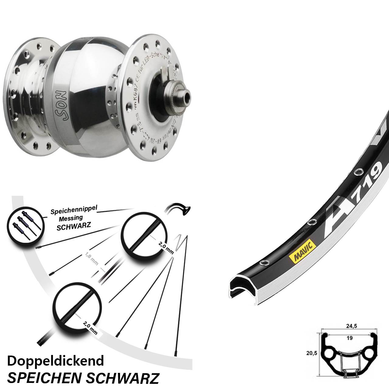 28 Zoll Mavic A 719 SONdelux wide body Dynamo-Vorderrad für Schnellspanner