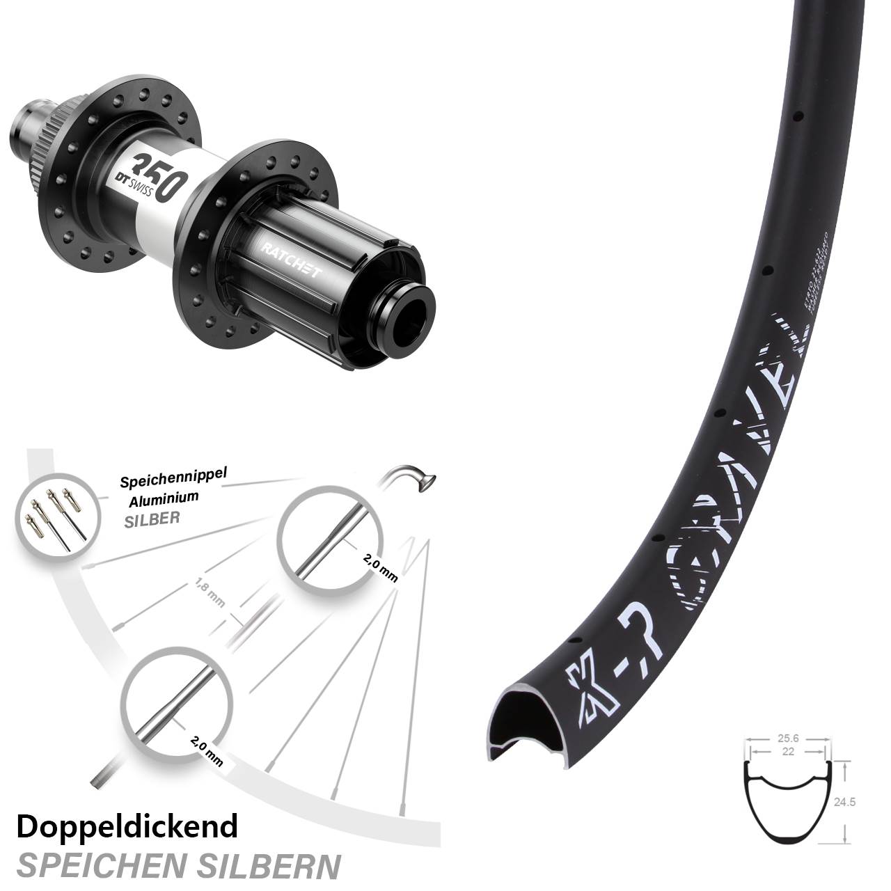 Hinterrad DT Swiss 350 Road 11-fach Centerlock 12x142 KX-R Gravel 22-622 ETRTO