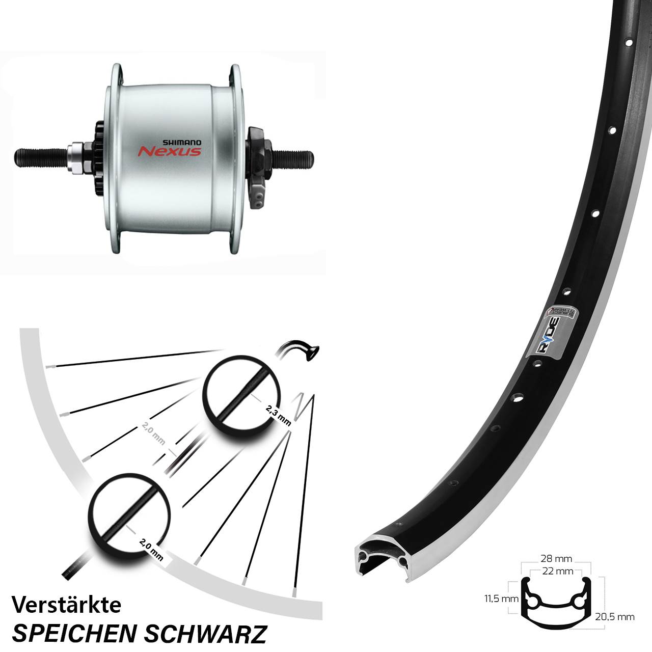 27,5 Zoll Ryde Andra 35 Shimano DH-C6000-3R Nexus Nabendynamovorderrad Vollachse