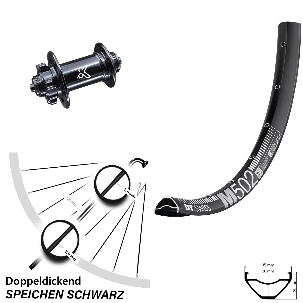 27,5 Zoll DT Swiss M 502 KX-M Vorderrad 6-Loch für Schnellspanner