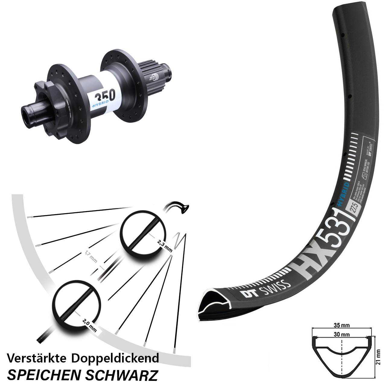 E-Bike Boost 6-Loch 12x148 mm Micro Spline Hybrid 350 DT Swiss HX 531 Hinterrad 27,5 Zoll