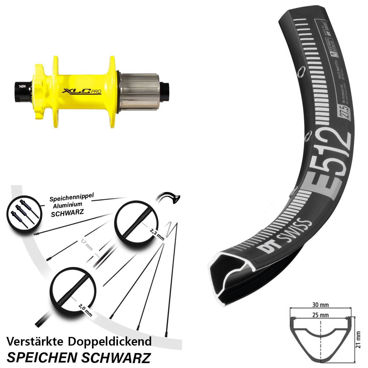 Disc Hinterrad 650B DT Swiss E 512 XLC Pro gelb 8-11 fach 12x142