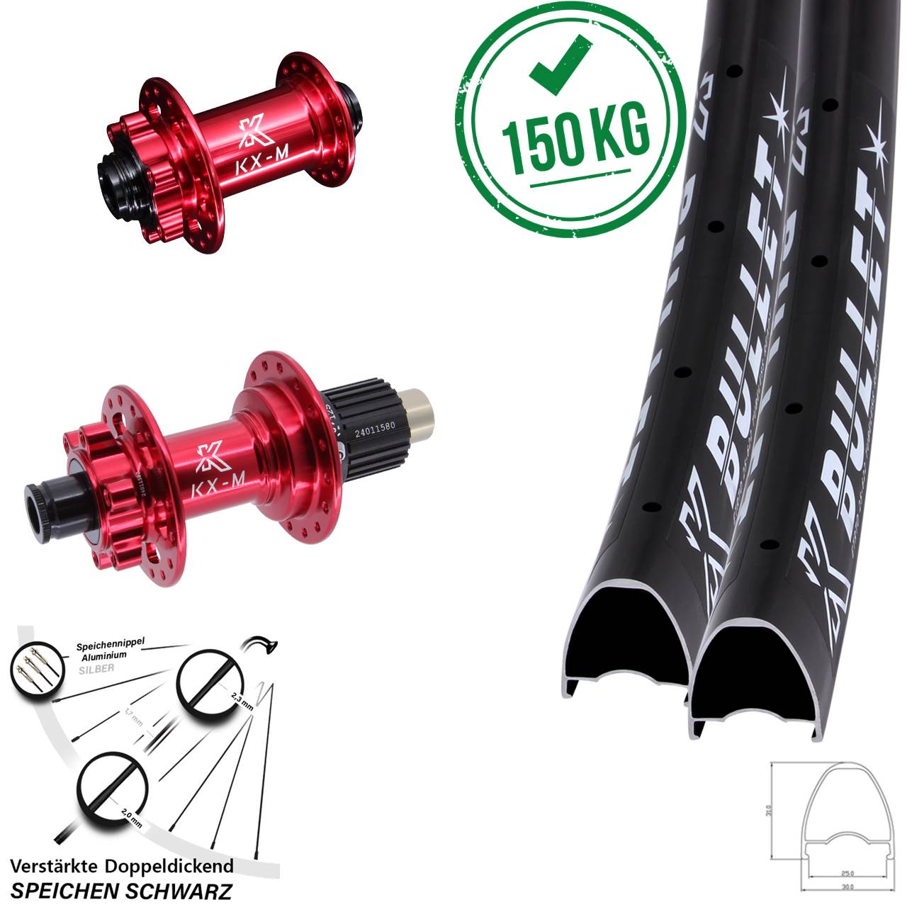 Laufradsatz 6-Loch 29 Zoll KX-M Bullet rot Shimano Micro Spline 12x100/142