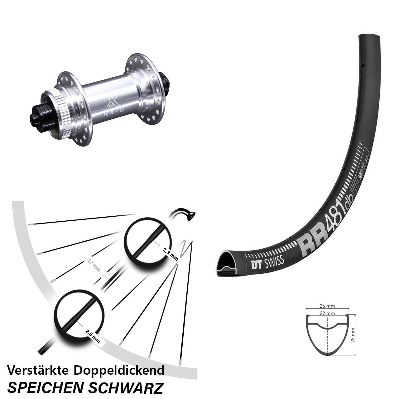 Vorderrad 28 Zoll DT Swiss RR 481 DB Disc verstärkt KX-G silbern 5x100