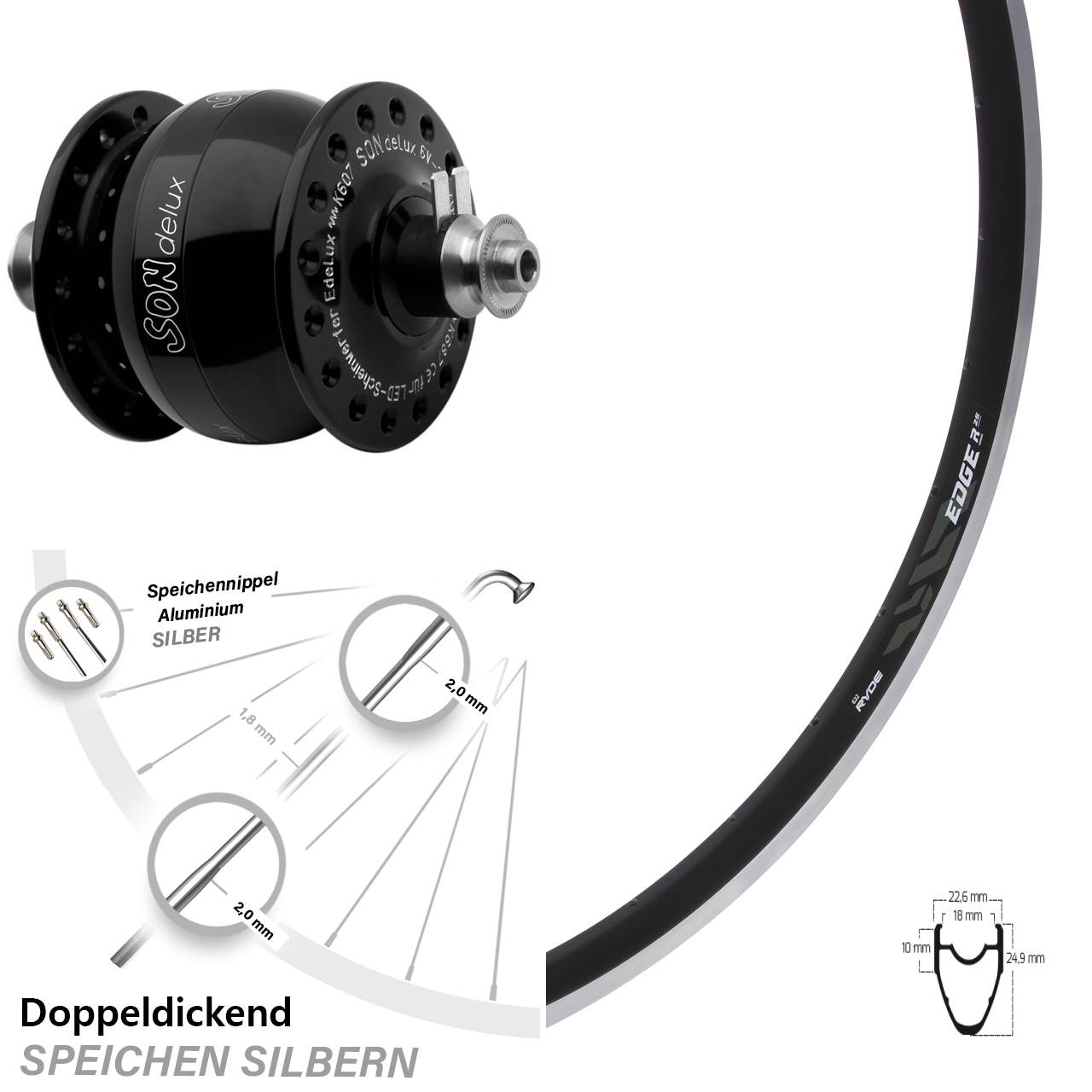 Nabendynamo SON delux schwarz Ryde Edge R25 Felgenbremse 28 Zoll Vorderrad