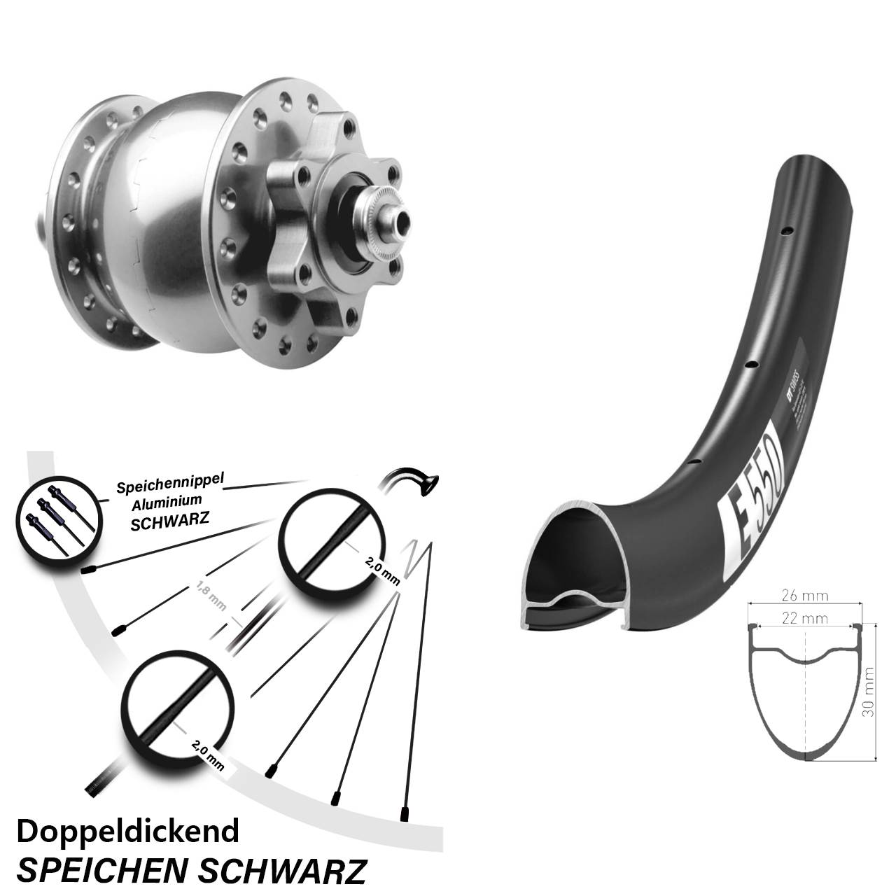 Nabendynamovorderrad 6-Loch 28 Zoll DT Swiss E550 SON 28 silbern für Schnellspanner
