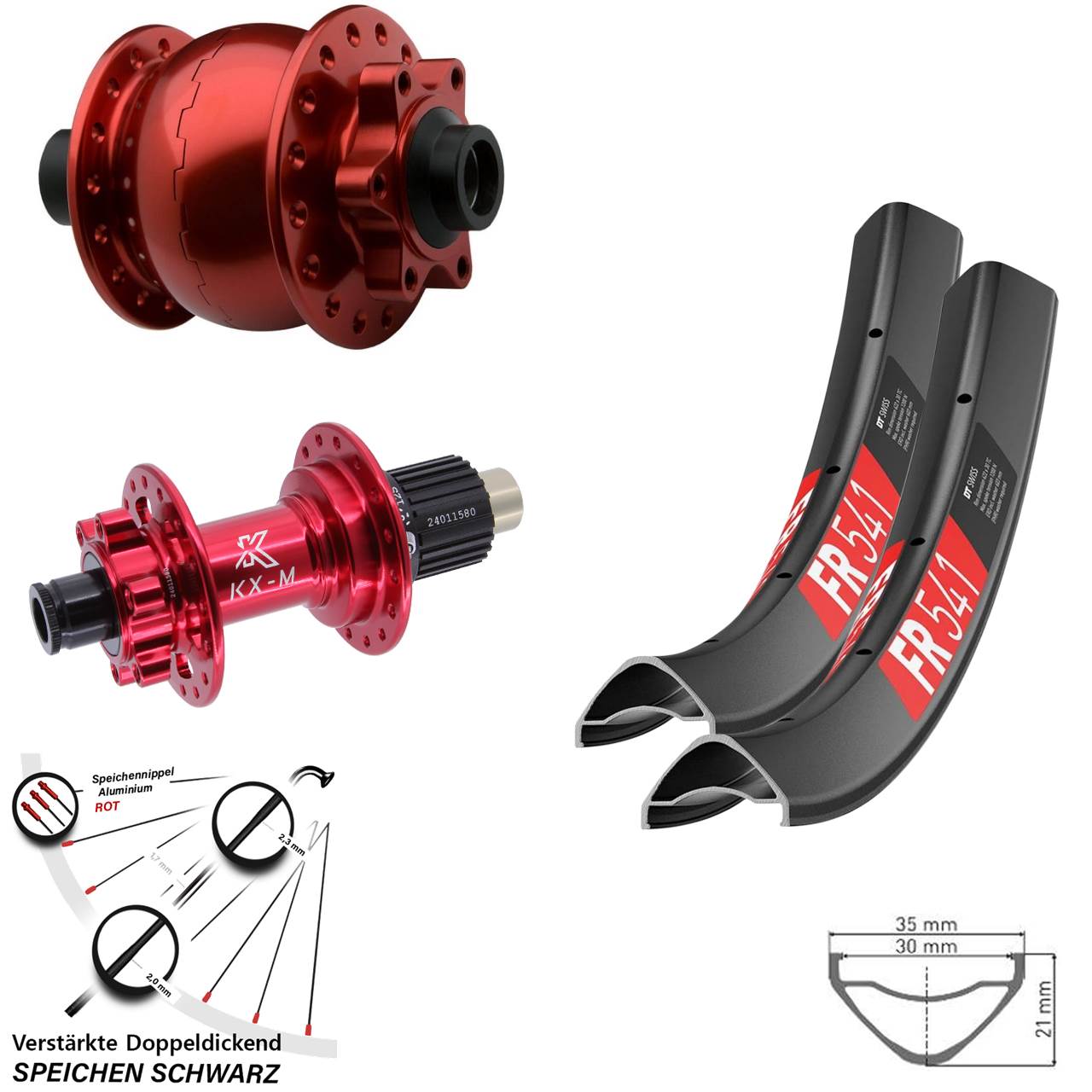 27,5 Zoll DT Swiss FR541 KX-M rot SON 28 6-Loch Laufradsatz 15x100 12x142 Micro Spline