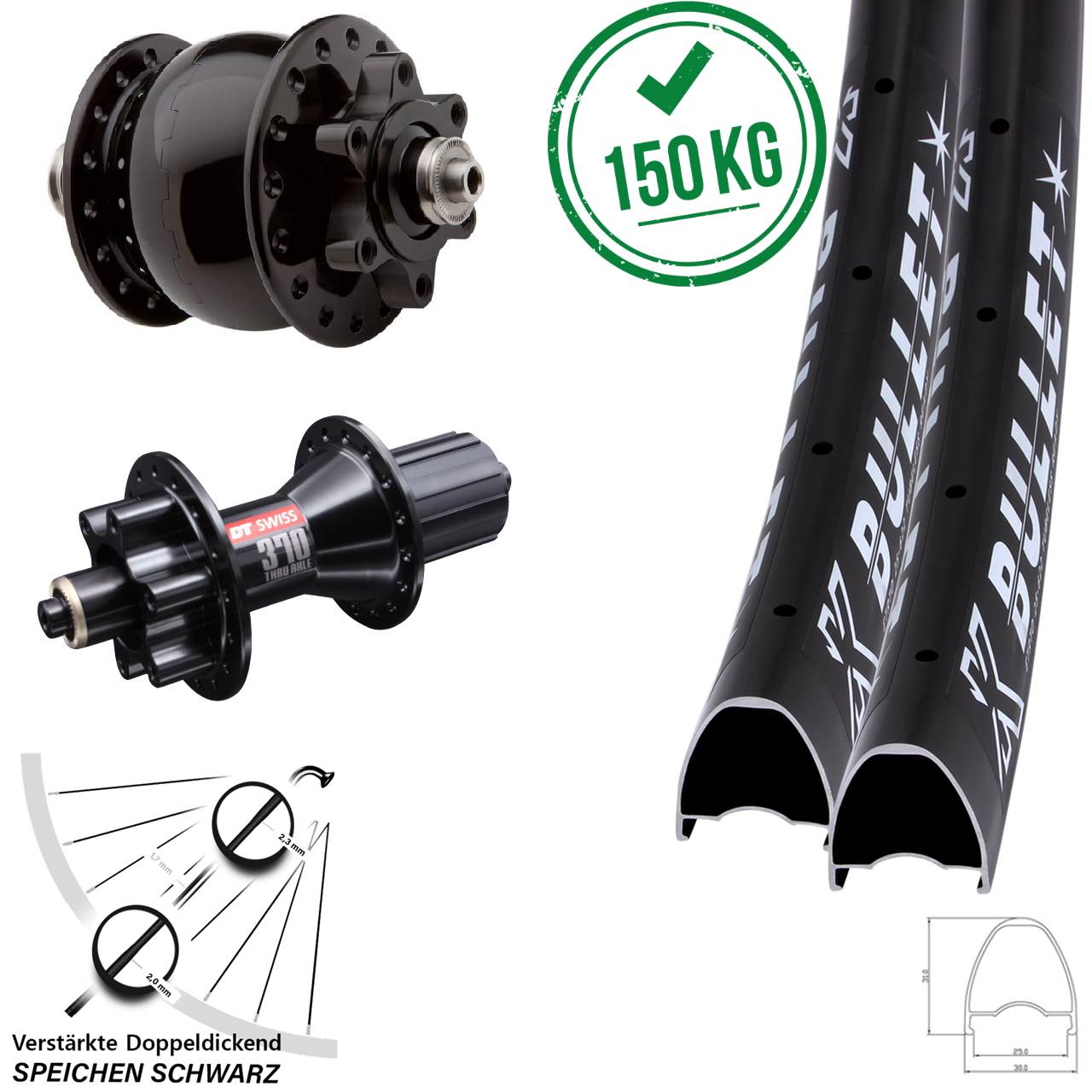 KX Bullet DT Swiss 370 Hybrid SON 28 Zoll Disc Laufradsatz für Schnellspanner 8-11 fach HG