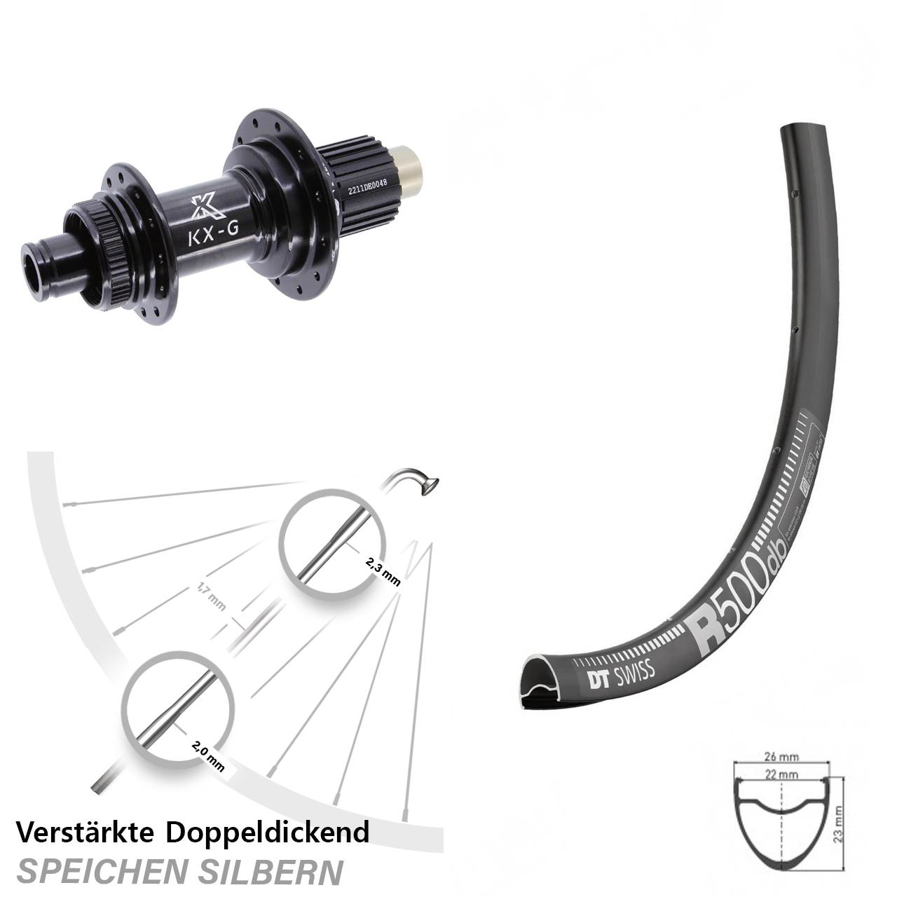 29 Zoll DT Swiss R500 KX-G Steckachse Centerlock Hinterrad 12x142 Shimano Micro Spline