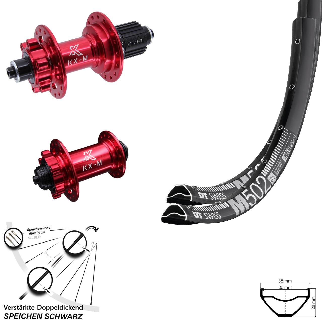 Laufradsatz 6-Loch für Schnellspanner 29 Zoll DT Swiss M502 KX-M rot Shimano Micro Spline
