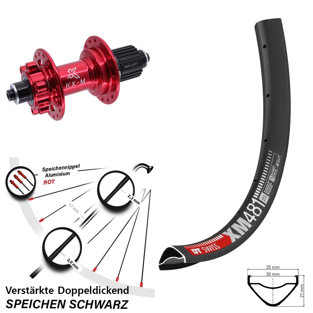 6-Loch Hinterrad 27,5 Zoll DT Swiss XM481 KX-M rot Micro Spline für Schnellspanner