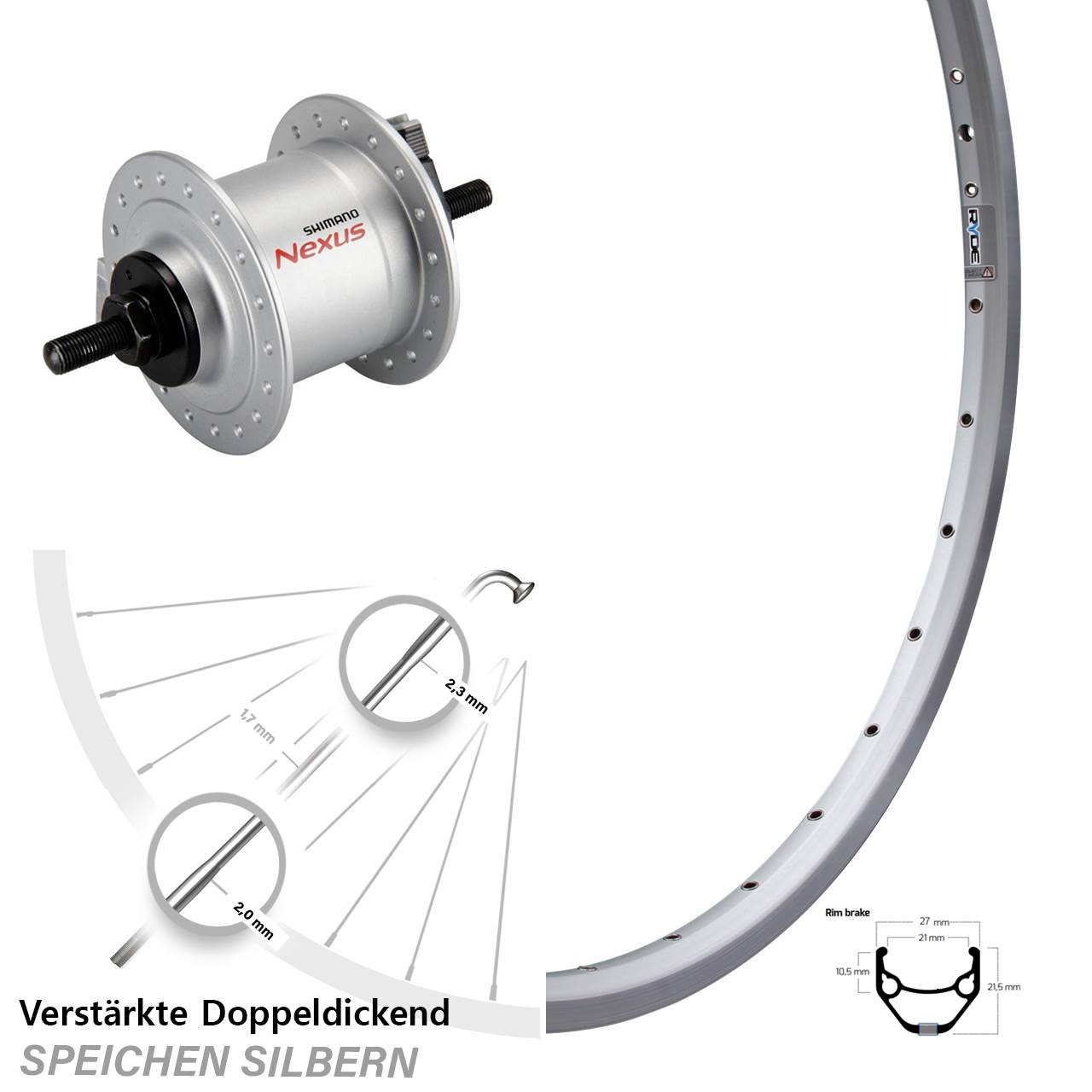 Ryde ZAC 421 Shimano Nexus DH-C3000-1N 28 Zoll Vorderrad mit Nabendynamo silbern