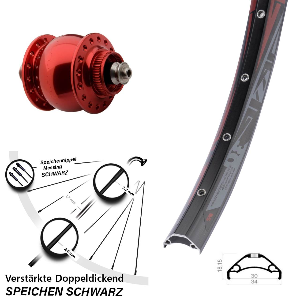 29 Zoll Rodi TRYP 30 SON delux rot Dynamo-Vorderrad Centerlock QR