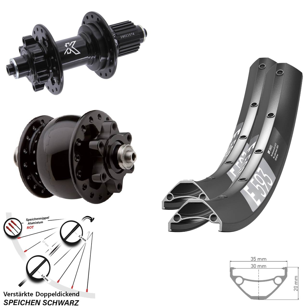 Disc Laufrad-Satz für Schnellspanner 27,5 Zoll DT Swiss E593 KX-M SON 28 Micro Spline
