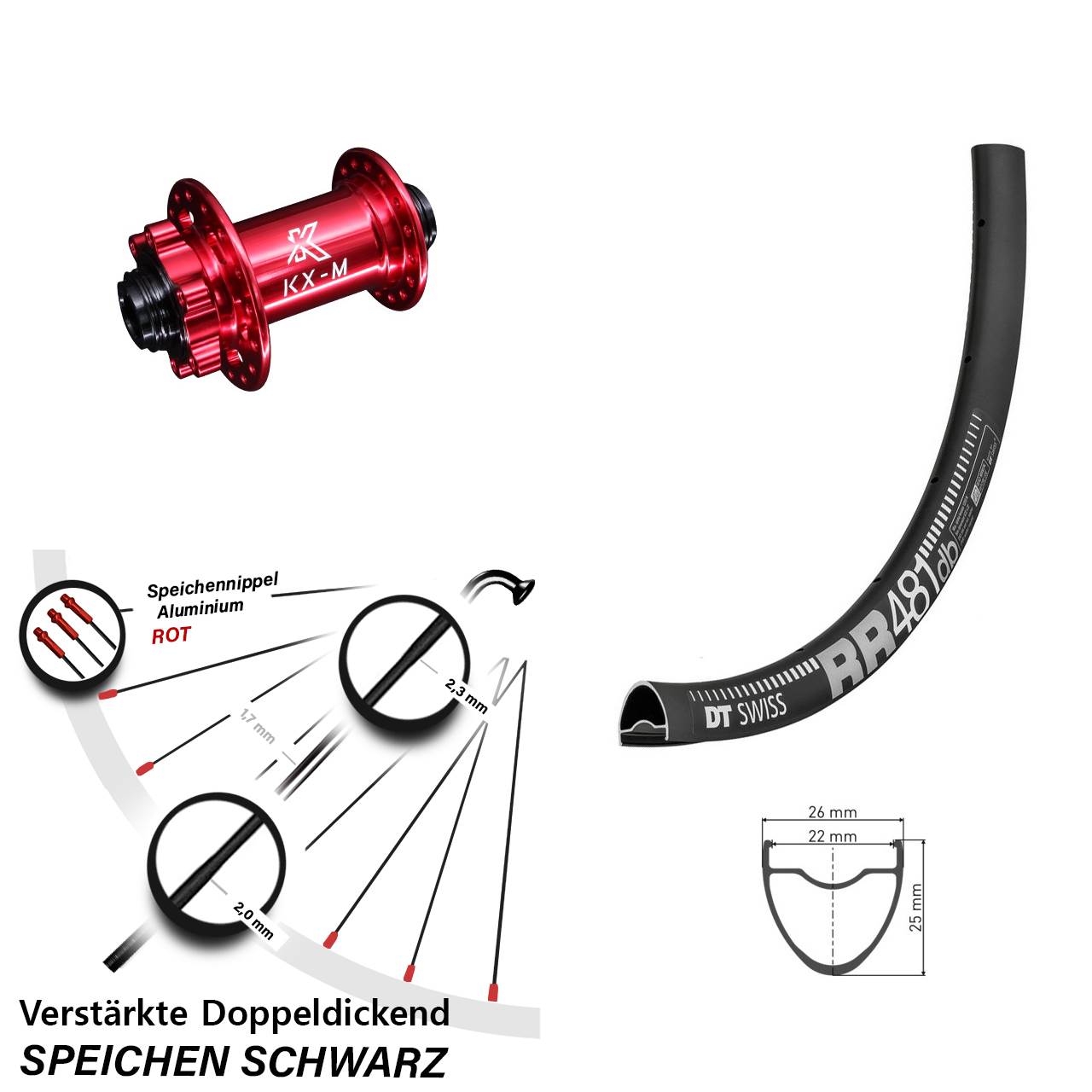 DT Swiss RR 481 KX-M rot 28 Zoll 6-Loch Vorderrad 12x100