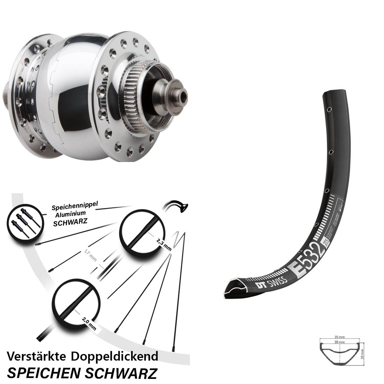 29 Zoll DT Swiss E532 SON 28 poliert Disc Nabendynamovorderrad QR