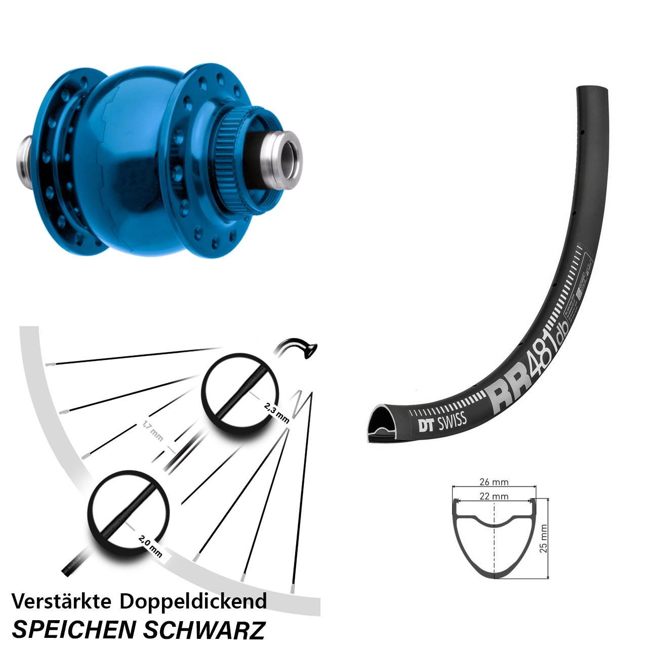 Vorderrad Gravel 12x100 mm Son Dynamo blau eloxiert 28 Zoll DT Swiss RR 481 Centerlock