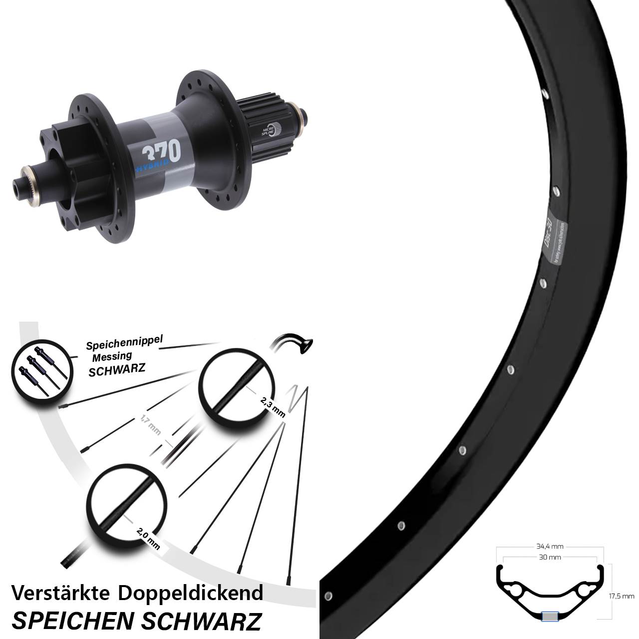 Hinterrad 27,5 Zoll Ryde Disc 30 DT Swiss 370 Hybrid Micro Spline QR Boost