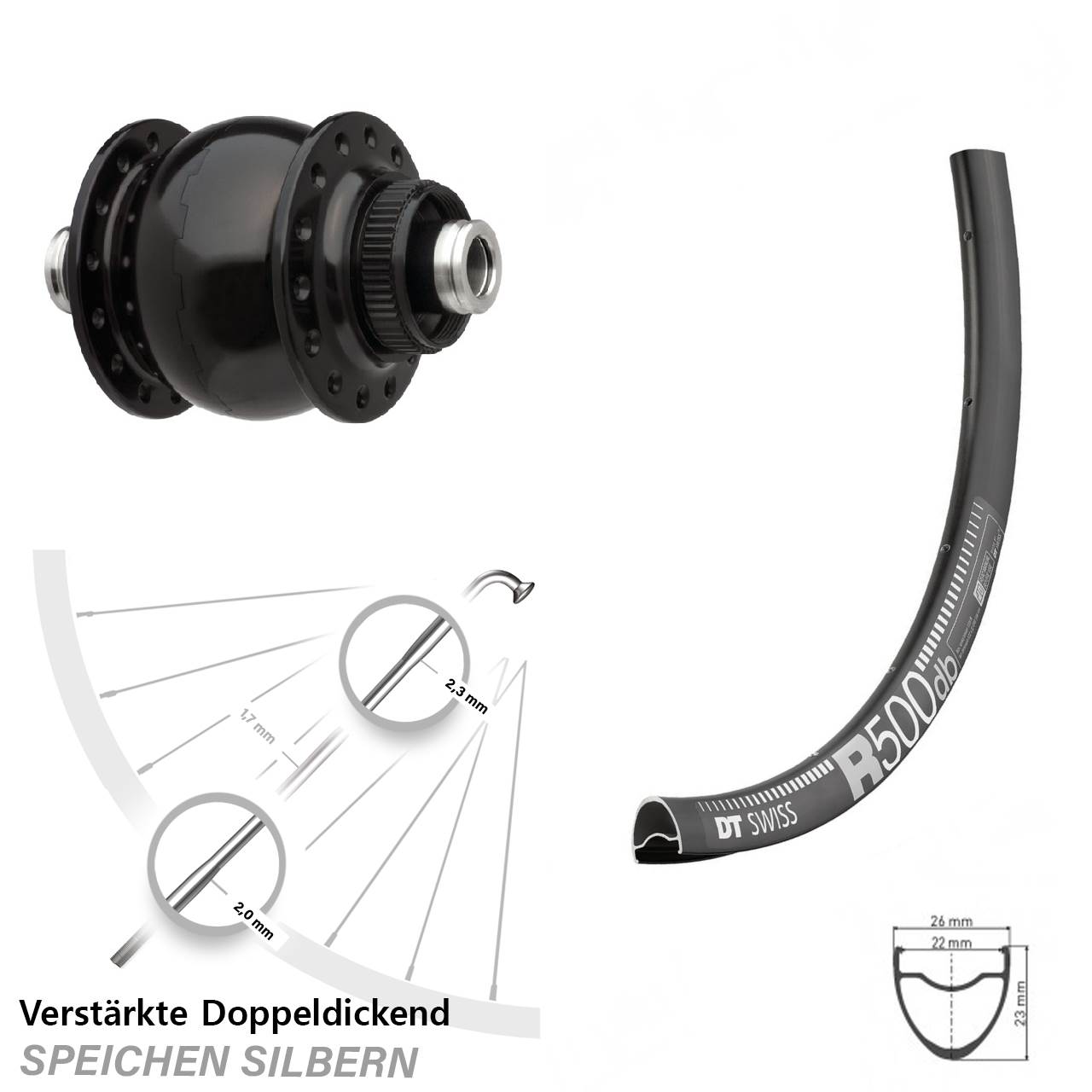 verstärktes Nabendynamolaufrad SON delux DT Swiss R 500 28-29 Zoll 12x100 mm
