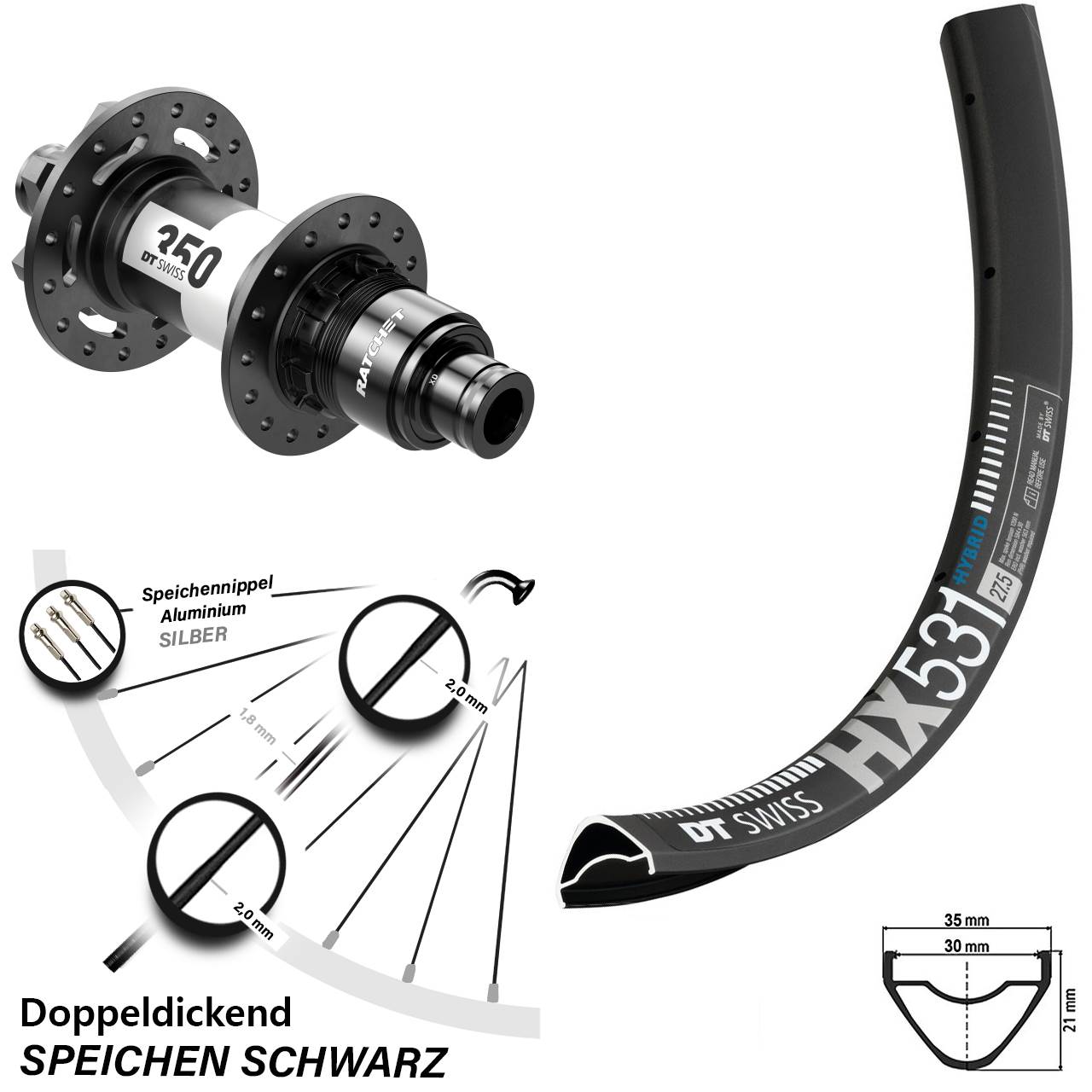 Hinterrad 29 Zoll DT Swiss HX 531-350 6-Loch Sram XD Boost