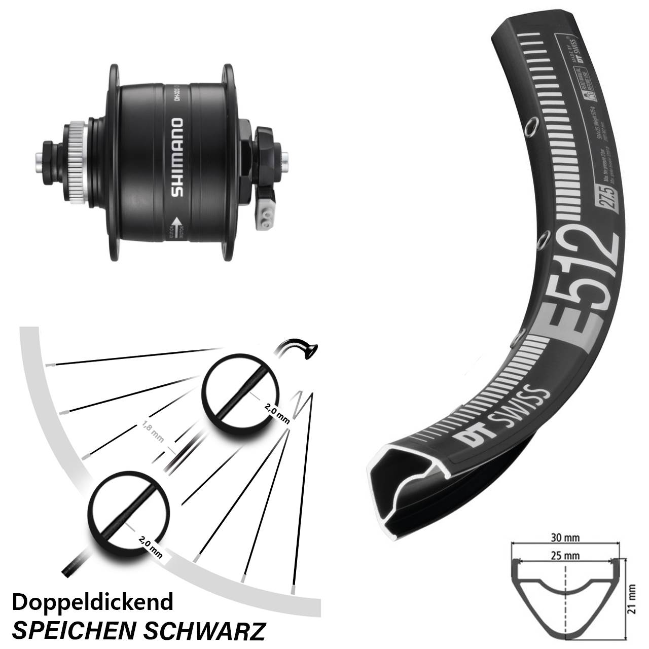 Nabendynamo-Vorderrad 27,5 Zoll DT Swiss E512 Shimano DH-3D37 5x100 Centerlock