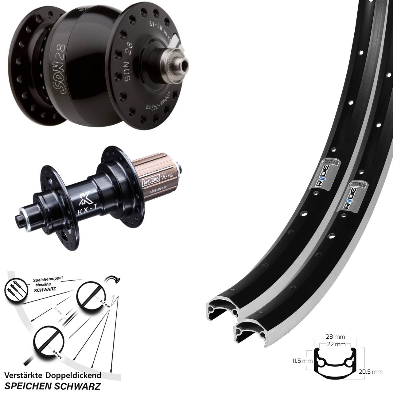 Laufrad-Satz QR 650B Ryde Andra 35 KX-T SON 28 8-12 fach HG