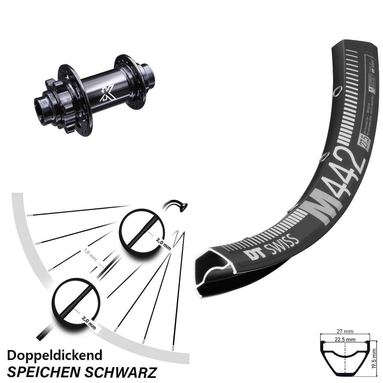 28-29 Zoll DT Swiss M442 KX-M Downhill Disc Vorderrad 20x110 (DH alt)