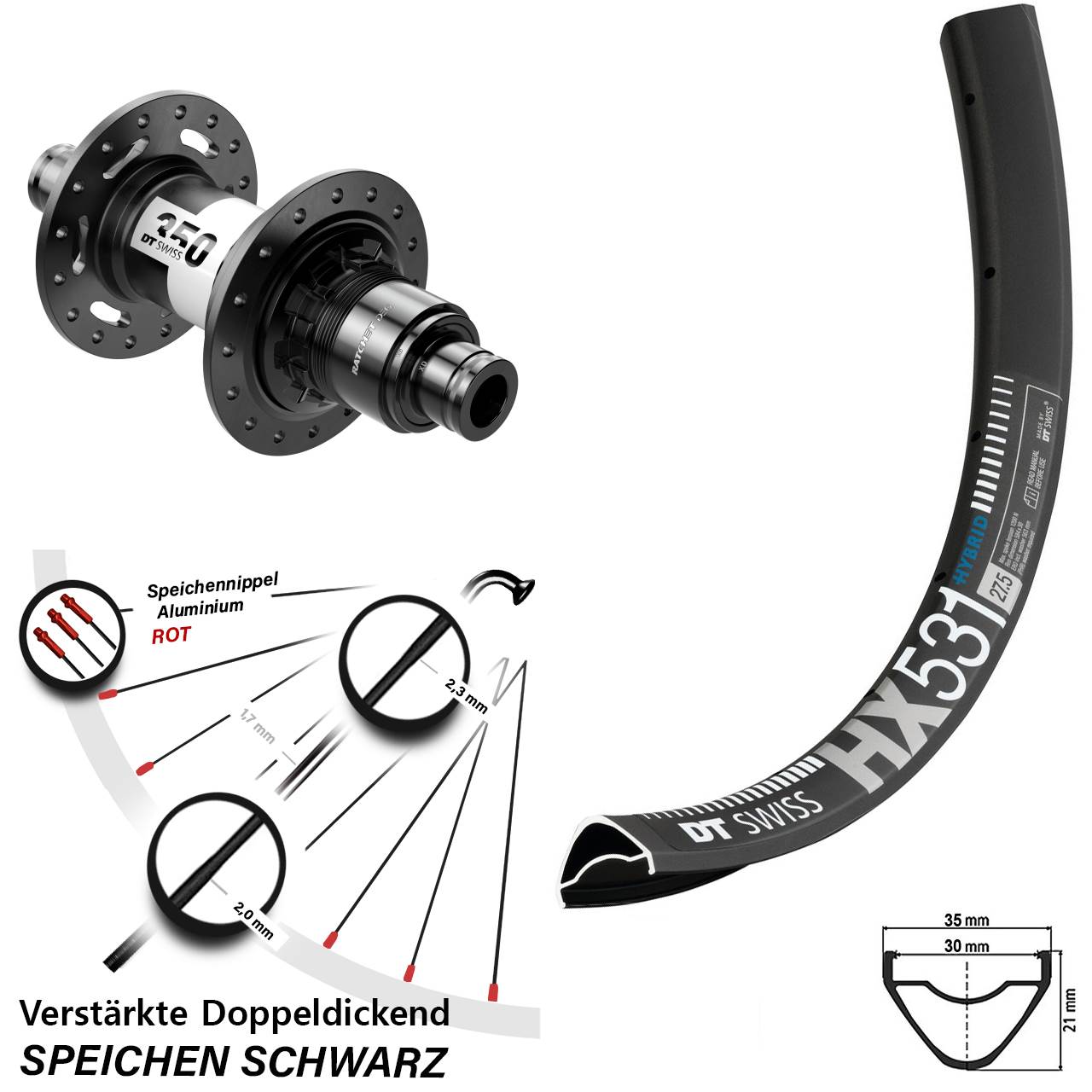 29 Zoll DT Swiss HX531-350 DEG72 Disc Hinterrad 12x148 SRAM XD