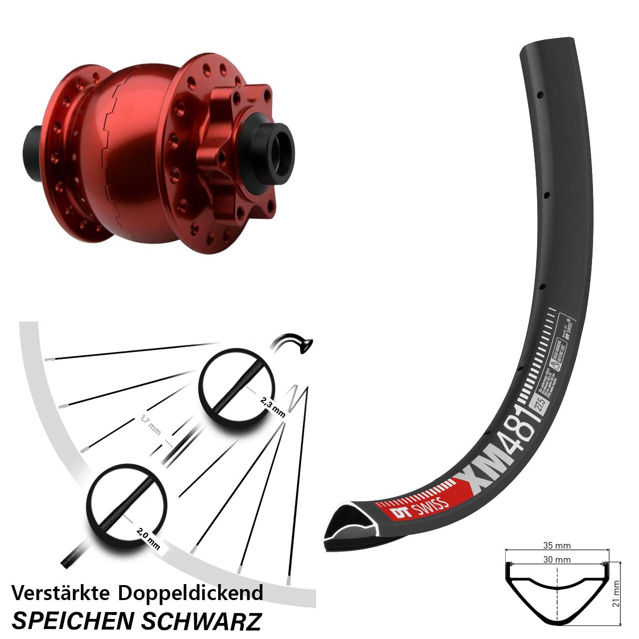 Vorderrad DT Swiss XM 481 Disc SON 28-15 Steckachse 100 rot eloxiert