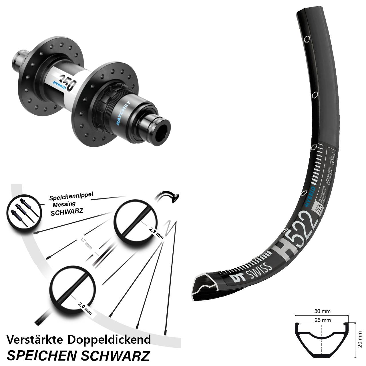 28 Zoll DT Swiss H 522 350 Hybrid Centerlock Hinterrad 12x148 XD 11-12 fach