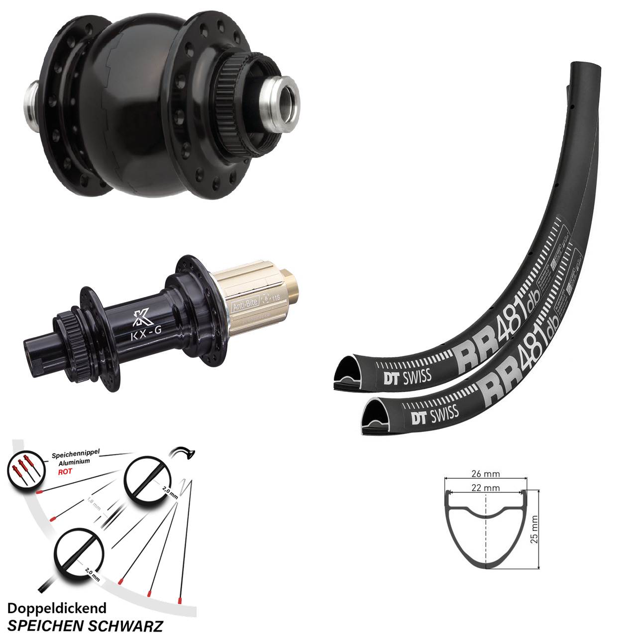 Laufradsatz DT Swiss RR 481 Steckachse 100x142 mm KX-G Dynamo SON 28 Zoll