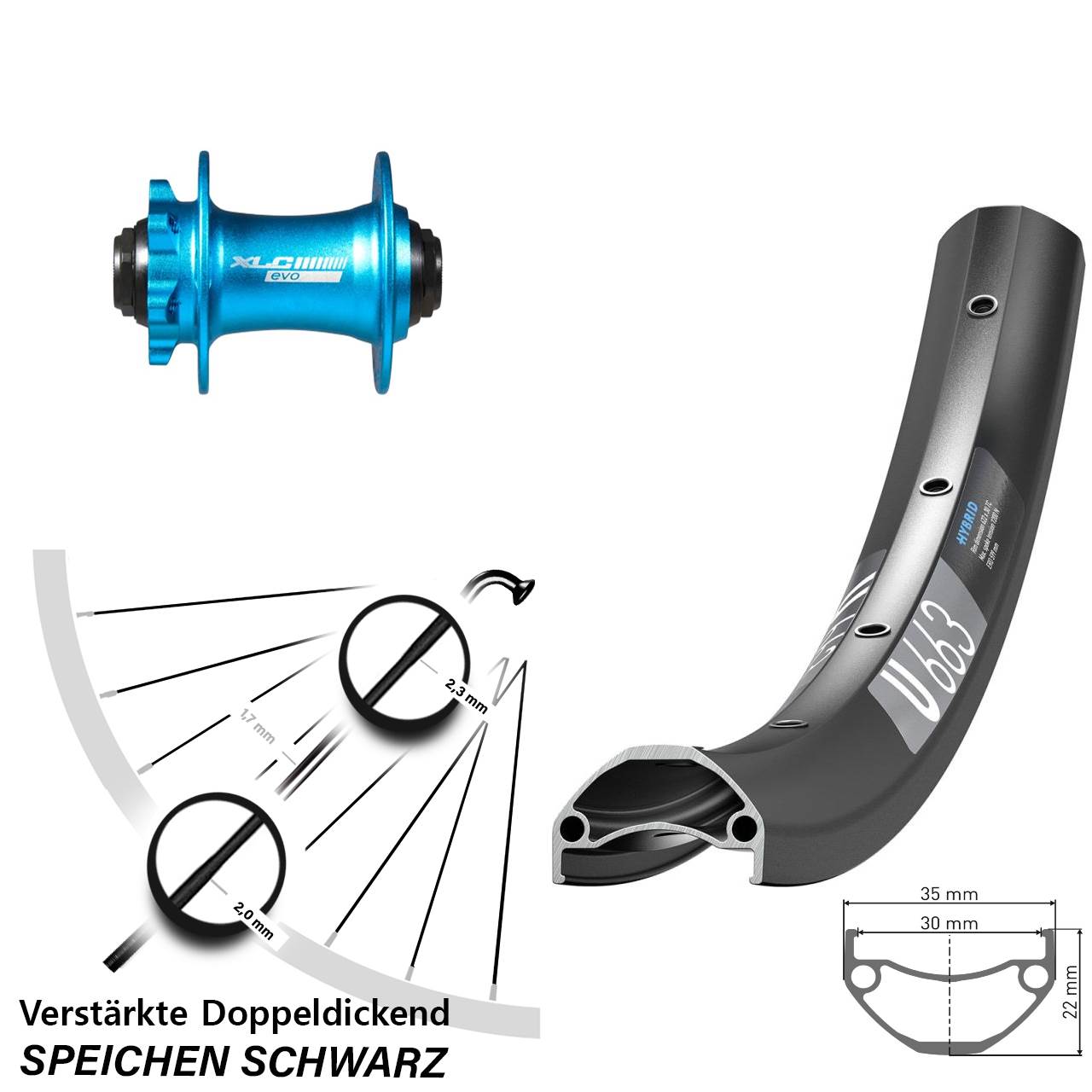 6-Loch Vorderrad 15x100 26 Zoll DT Swiss U663 XLC blau